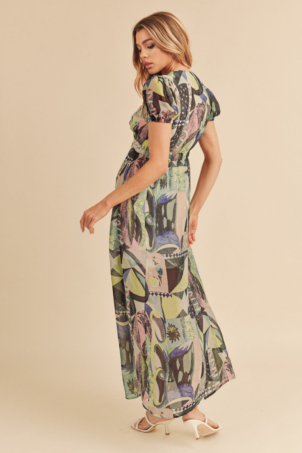 Lace Detail Slit Geometric Print Short Sleeve Maxi Comfortable Dress For Women, Elegant Lace, Alluring Slit, Sophisticated Geometric Print for Casual & Dressy Occasions