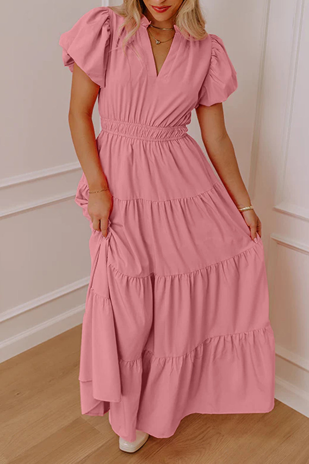 Lavendula Solid Color V Neck Short Puff Sleeve High Waist Tiered Maxi Dress Shewin