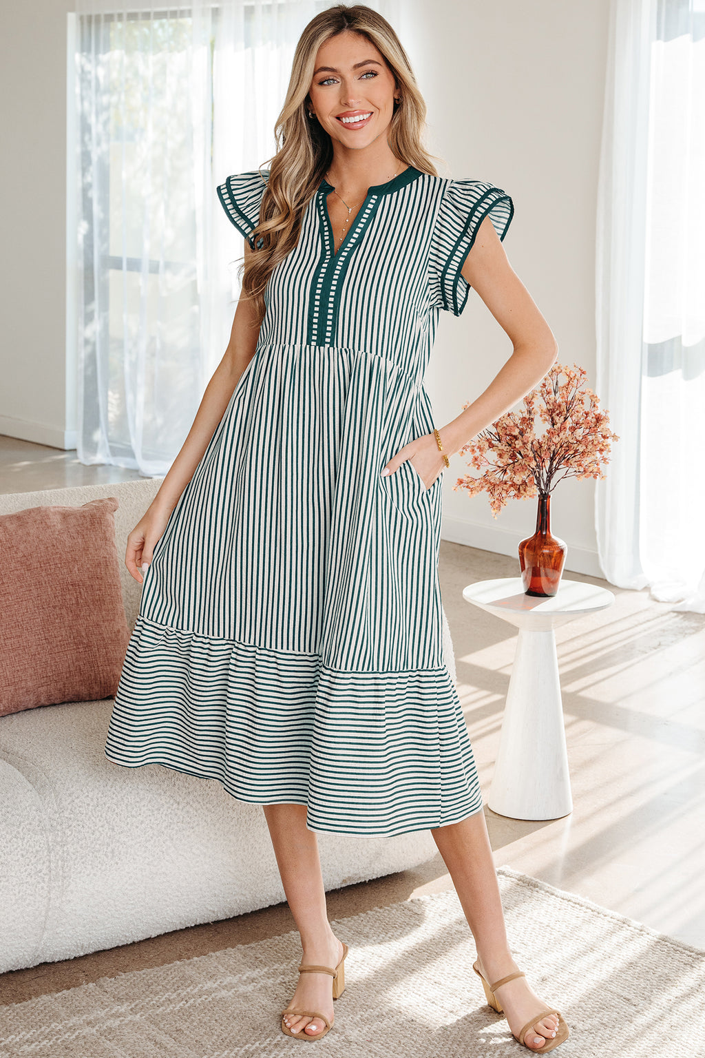 Brown Stripe Double Ruffled Short Sleeve Contrast Trim V Neck Midi Dress Shewin