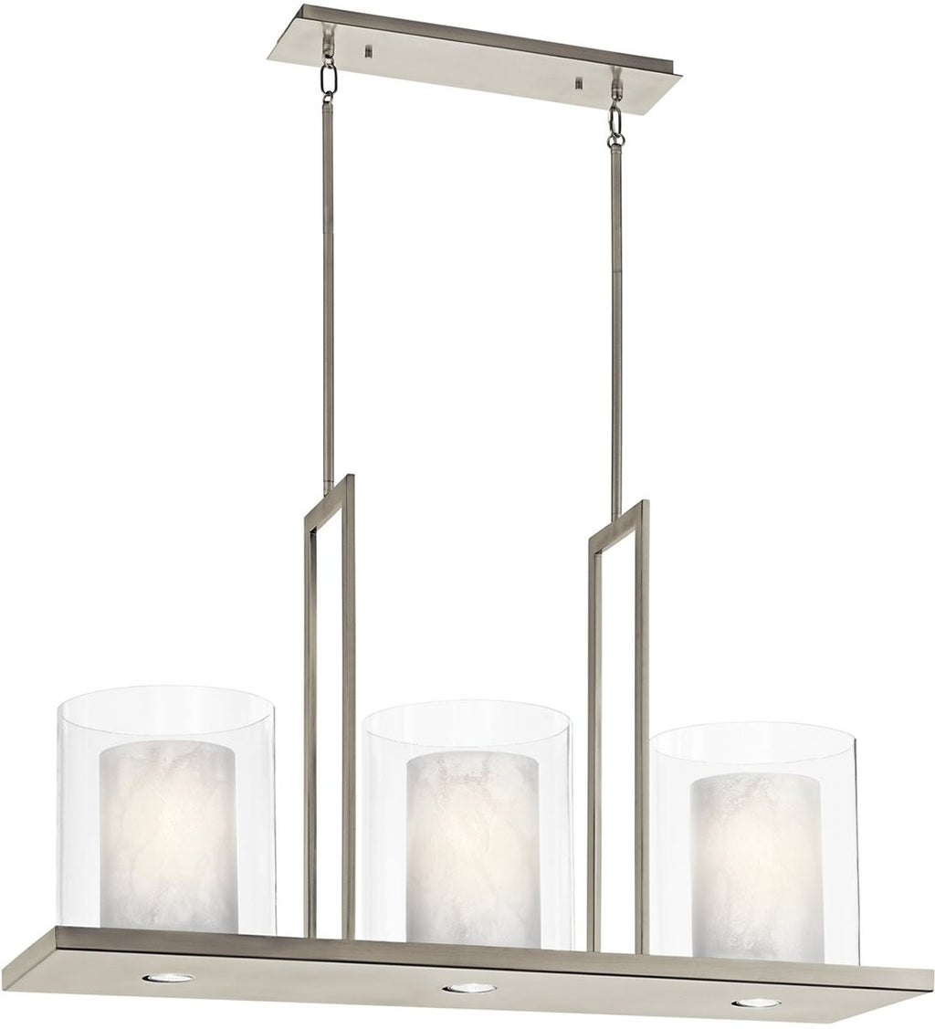Triad 40"W 6-Light Classic Pewter Finish Clear Glass White Vetro Mica Shades Linear Chandelier by Kichler LampsUSA