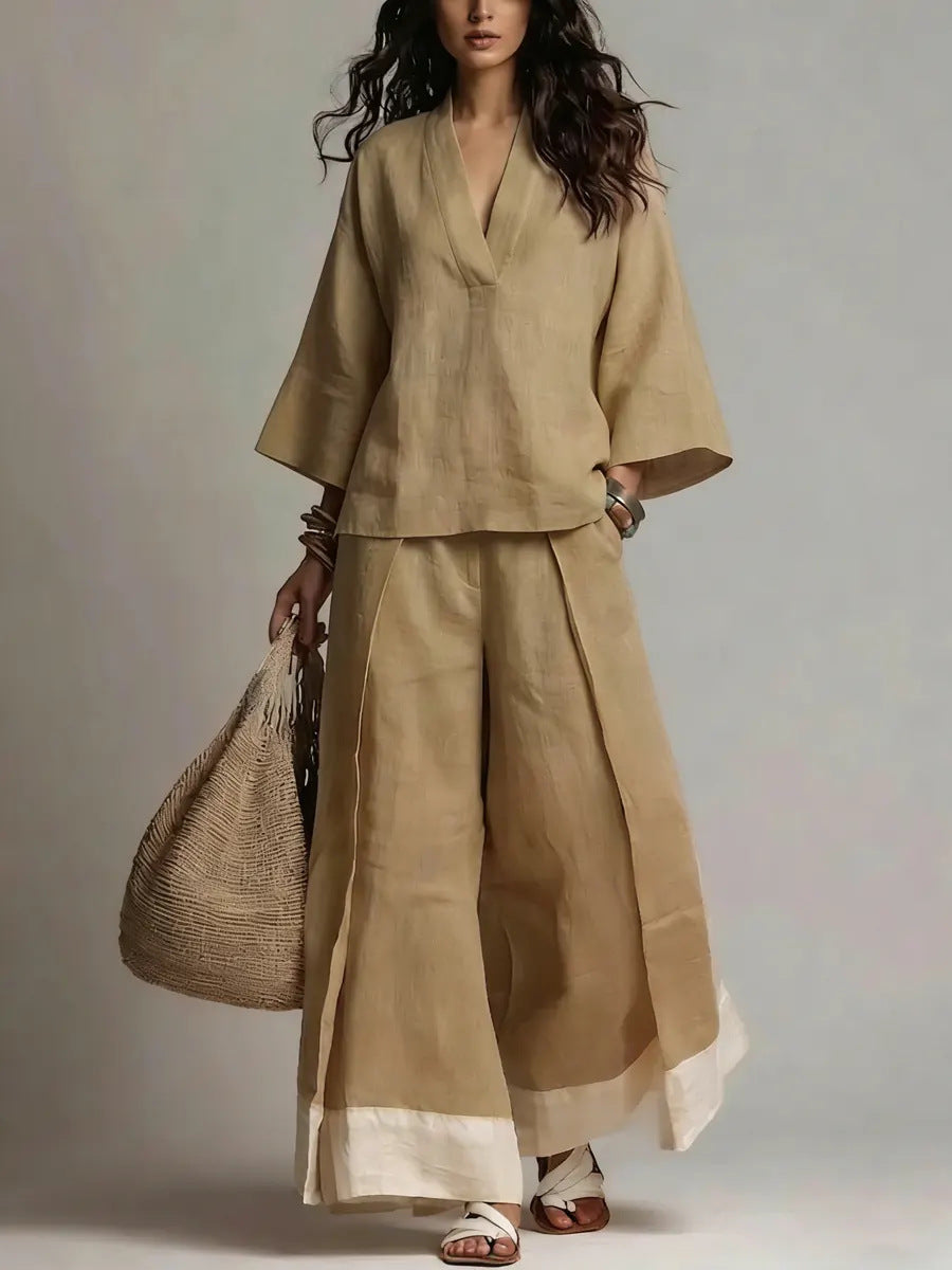 Women's Cotton-Linen V-Neck 3/4 Sleeve Shirt & Wide-Leg Pants Set FitiqueFit