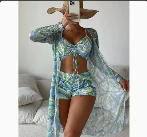 Mesh Cover-Up Three-Piece Swimwear Set – Bikini with Leg-Length Briefs FitiqueFit