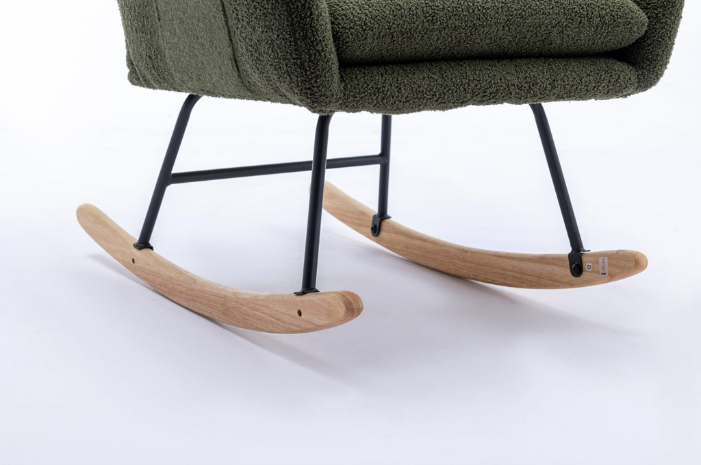 35.5-inch soft Teddy fabric rocking chair with pockets, comfortable wing straps, secure solid wood base (dark green)