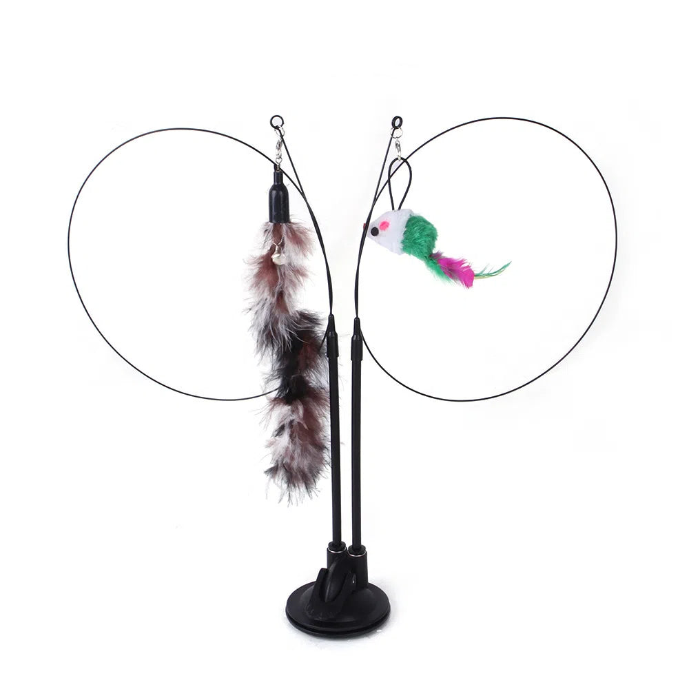 Suction cup cat toy stick that can be attached and held with steel wire multi head interchangeable cat toy and pet supplies