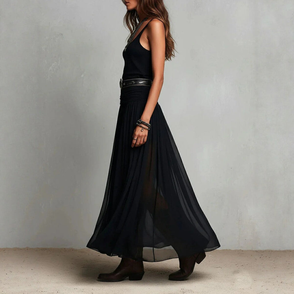 Black Mesh Strap Maxi Dress – V-Neck Pleated Long Dress