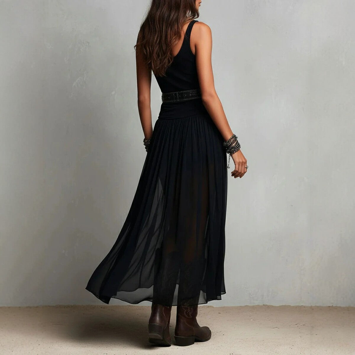 Black Mesh Strap Maxi Dress – V-Neck Pleated Long Dress