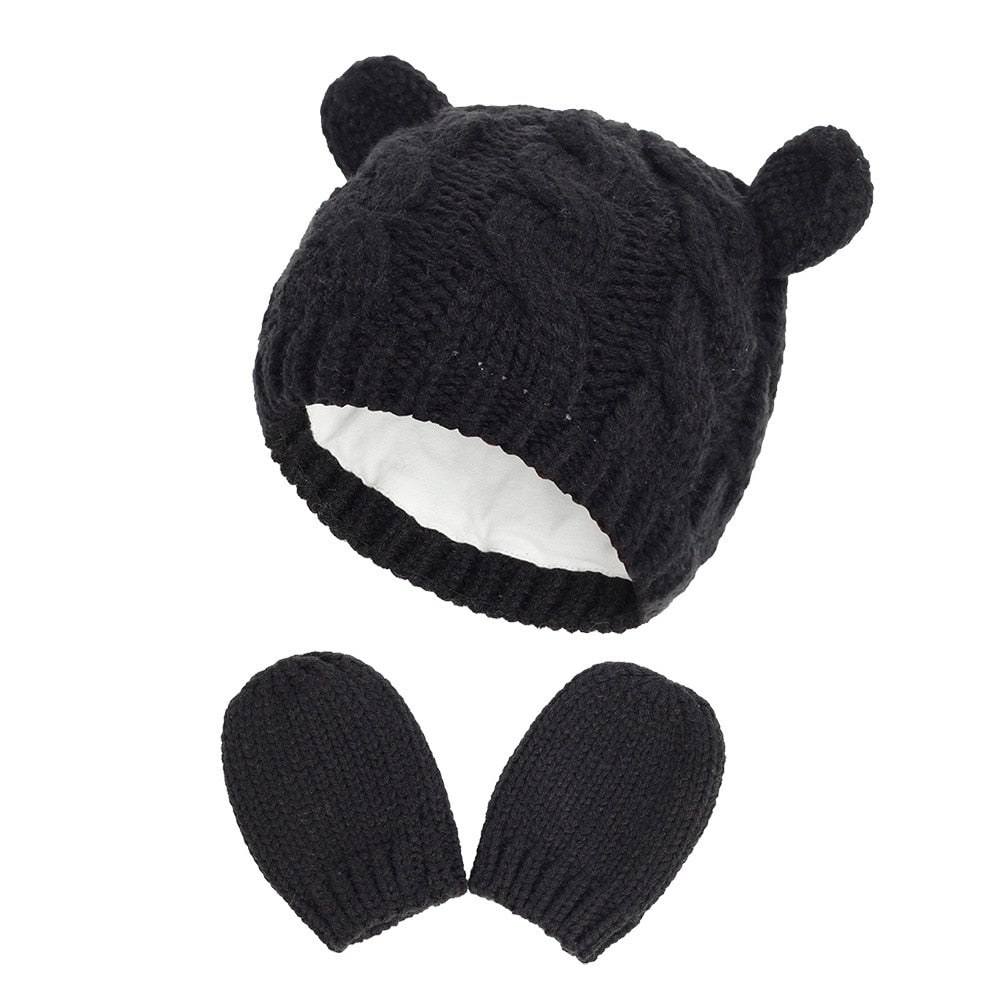 New Baby Kids Girls Boys Winter Warm Knit Hat Ear Solid Warm Cute Glove 2pcs Lovely Beanie Cap 0-18M V.I.P Digital Presence