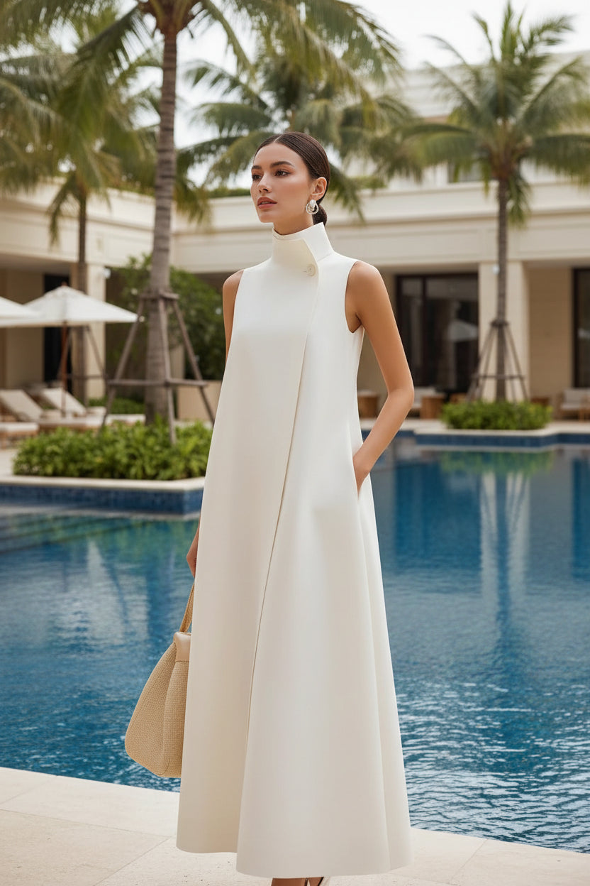 Elegant Sleeveless Long Dress – Stand Collar Office & Casual Dress FitiqueFit