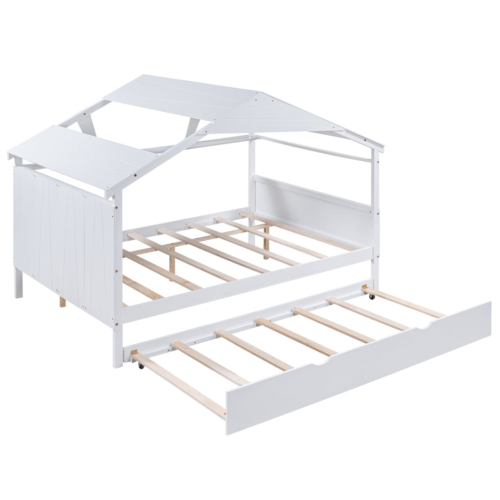 Wood Full Size House Bed with Twin Size Trundle and Storage  White