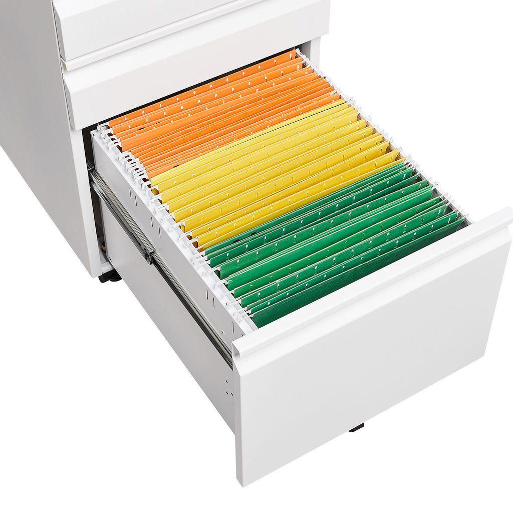 Locked three drawer storage mobile metal filing cabinet, pre assembled filing cabinet, except for wheels under the table (white)