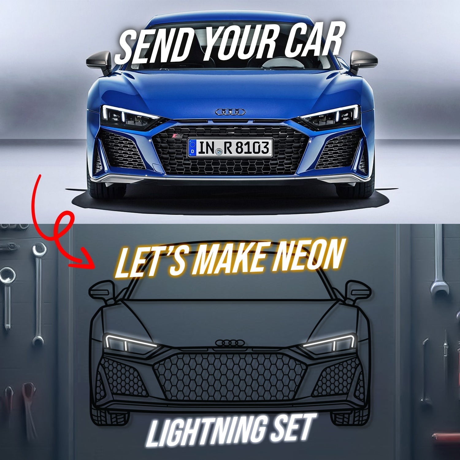 Your Personalized Metal Neon Car Wall Art - (Front and rear views only) Modello Turbo