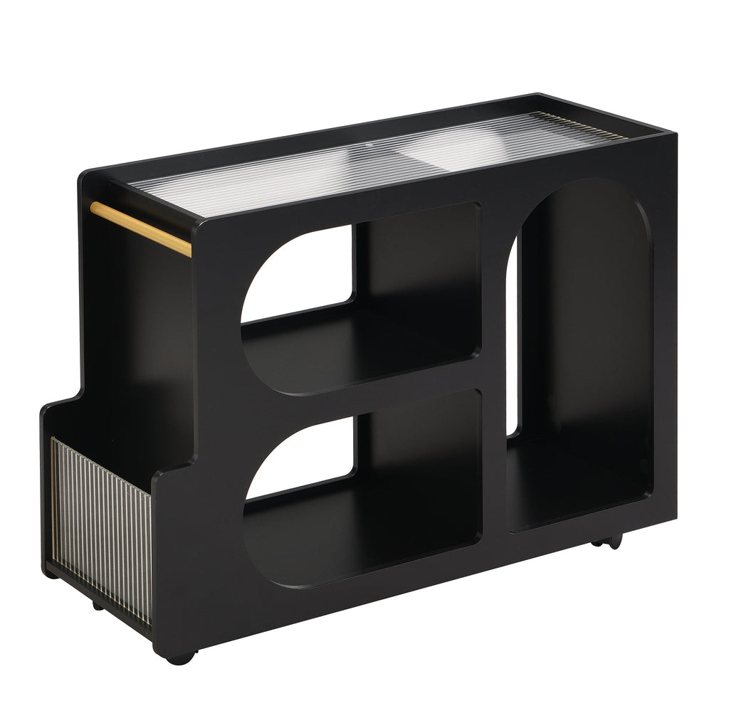 Stylish mobile desk with lockable wheels,bedside table with 5mm thick grooved tempered glass and gold round bars ，black