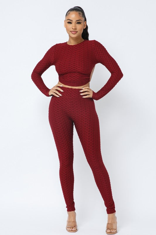 Honeycomb Open Back Leggings Set – Textured 2 Piece Outfit Rose In Concrete 🥀