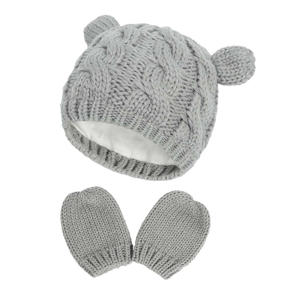 New Baby Kids Girls Boys Winter Warm Knit Hat Ear Solid Warm Cute Glove 2pcs Lovely Beanie Cap 0-18M V.I.P Digital Presence