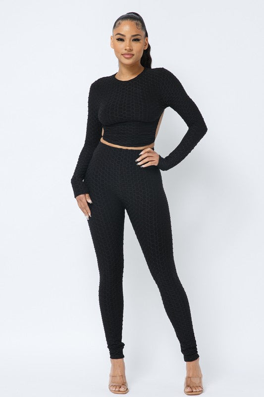Honeycomb Open Back Leggings Set – Textured 2 Piece Outfit Rose In Concrete 🥀