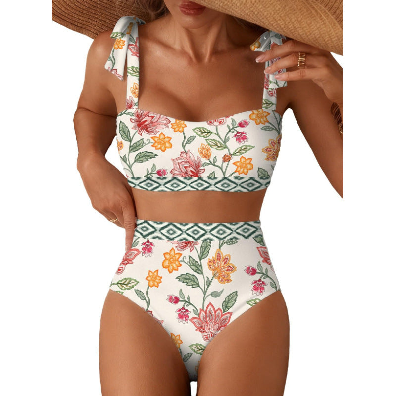 Tie-Shoulder Striped High-Waisted Bikini Set – Two-Piece Swimsuit for Women FitiqueFit