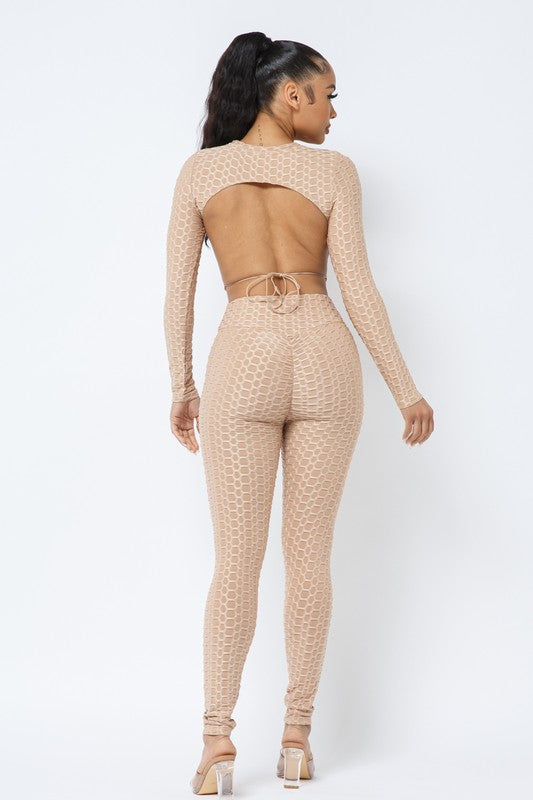 Honeycomb Open Back Leggings Set – Textured 2 Piece Outfit Rose In Concrete 🥀