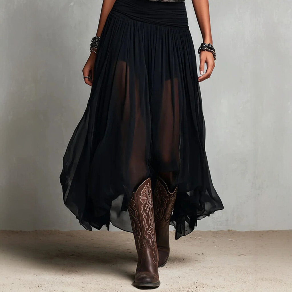 Black Mesh Strap Maxi Dress – V-Neck Pleated Long Dress