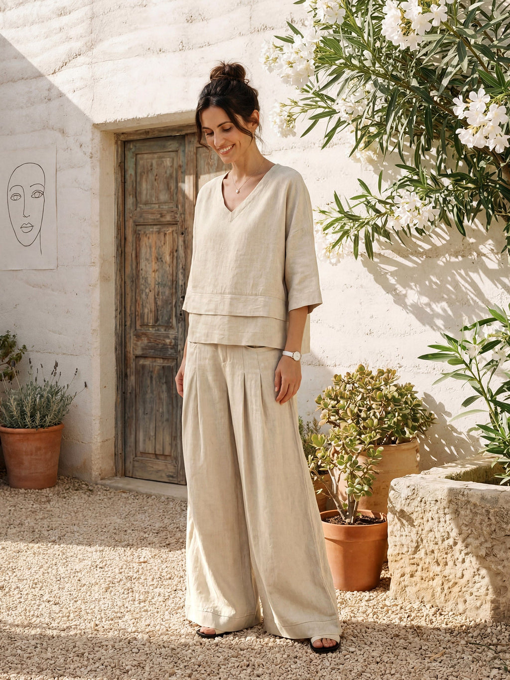 100% Linen Sculpted Pleat Elasticated Back Relaxed Pants VERIDIANA LINTICO