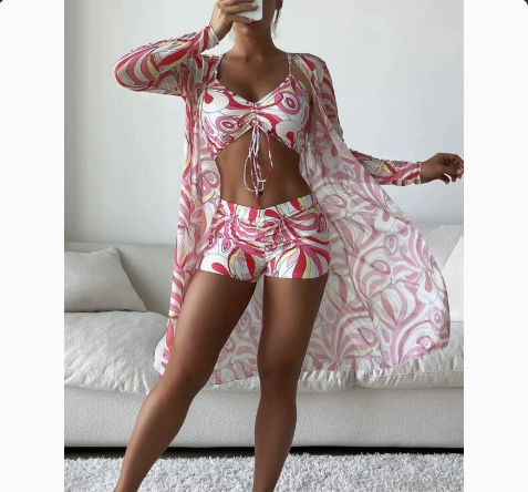 Mesh Cover-Up Three-Piece Swimwear Set – Bikini with Leg-Length Briefs FitiqueFit