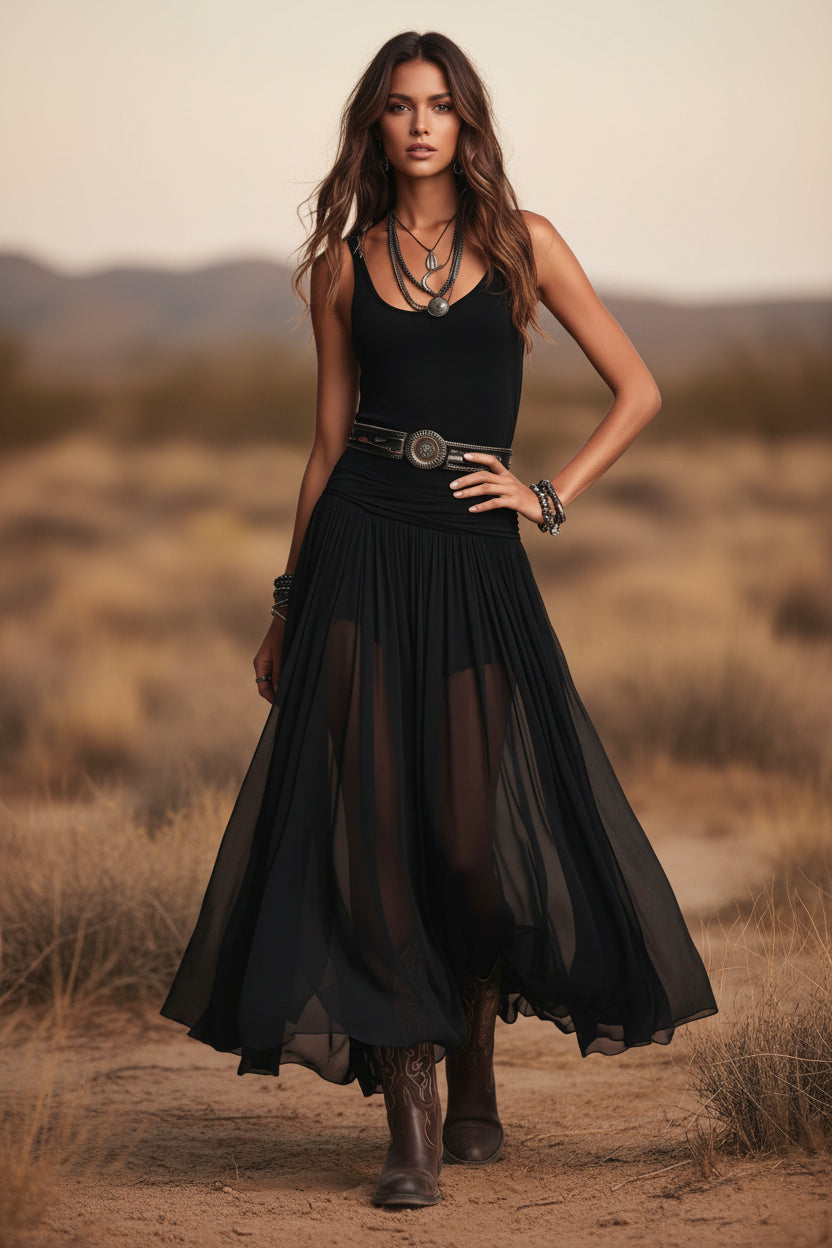 Black Mesh Strap Maxi Dress – V-Neck Pleated Long Dress