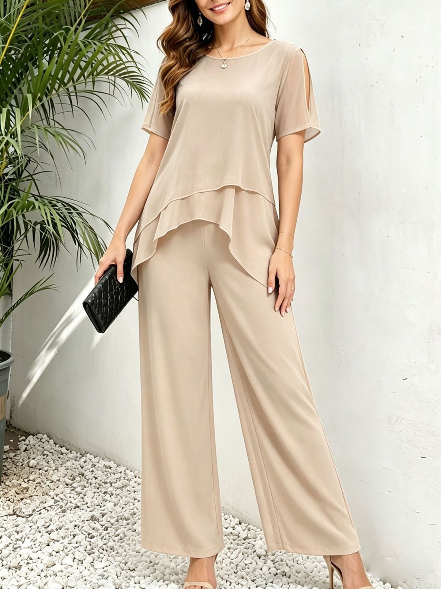 Women's Irregular Hem Top & Wide Leg Pants Two-Piece Set FitiqueFit