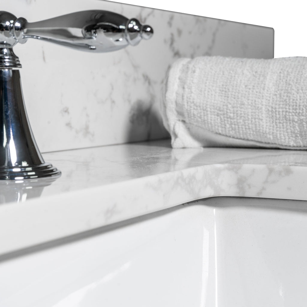 Montary 43x22 bathroom stone vanity top engineered stone carrara white marble color with rectangle undermount ceramic sink and 3 faucet hole with back splash