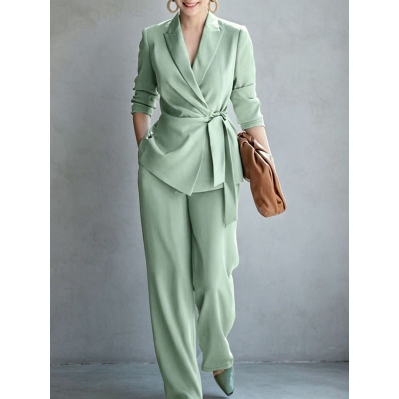 Women's Belted Blazer Wrap Top & Wide-Leg Trousers Suit Set FitiqueFit