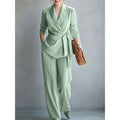 Women's Belted Blazer Wrap Top & Wide-Leg Trousers Suit Set FitiqueFit