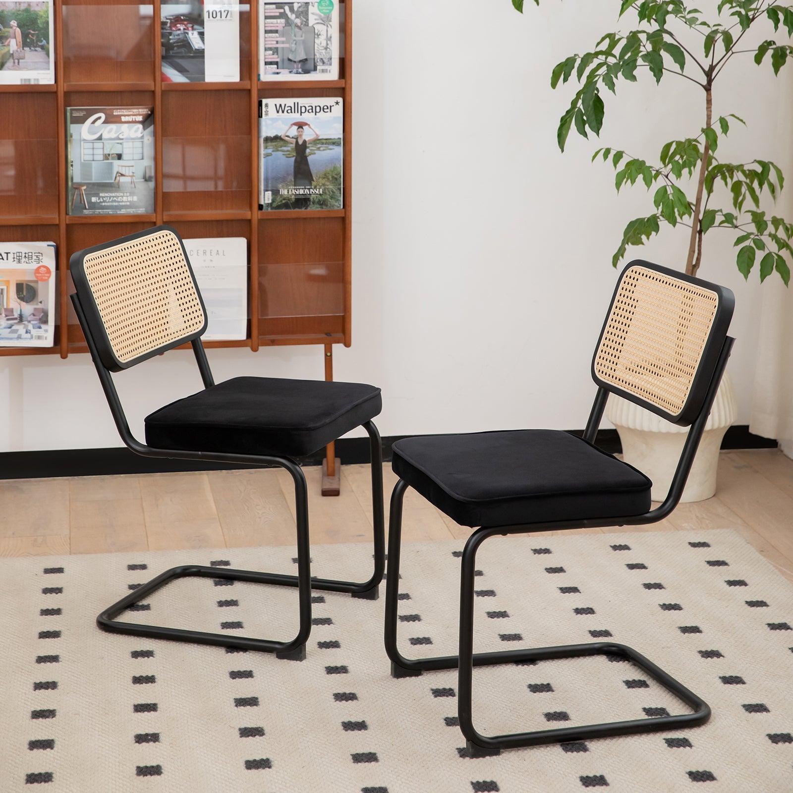 Dining Chairs Set of 2 velvet wicker side decorative chairs, black painted legs, modern medieval Bruell designed chairs,