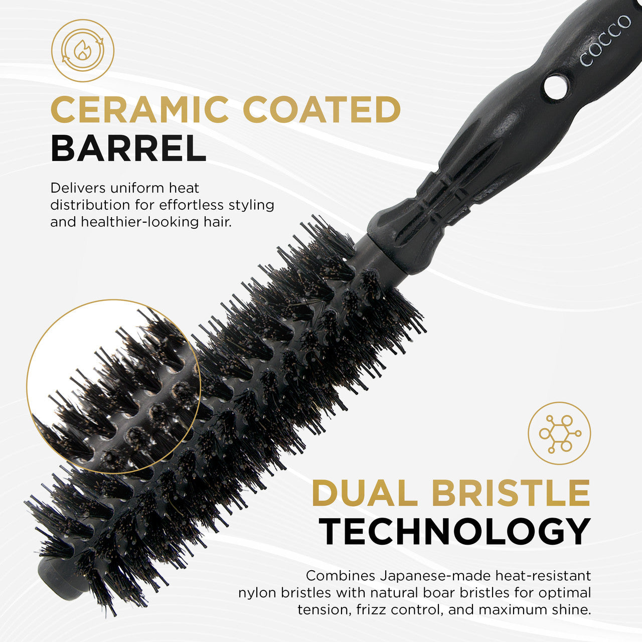 COCCO® Black Series Ceramic Boar Brush (Select Size) Cocco Hair Professional