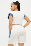 Color Block Denim Sleeve Top And Biker Shorts Set