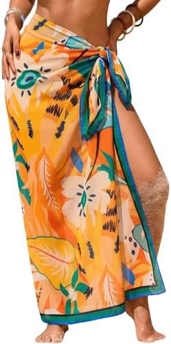 Sheer Chiffon High-Slit Swim Cover-Up Dress – Floral Print, One Size FitiqueFit