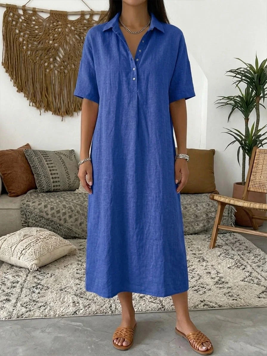 Women's Linen Blend Short Sleeve Polo Neck Maxi Dress FitiqueFit
