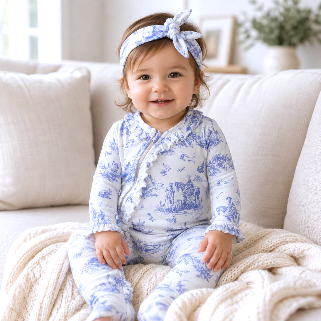Baby Girl Toile de Jouy Bamboo Zipper Romper - Mommy and Me Tesa Babe