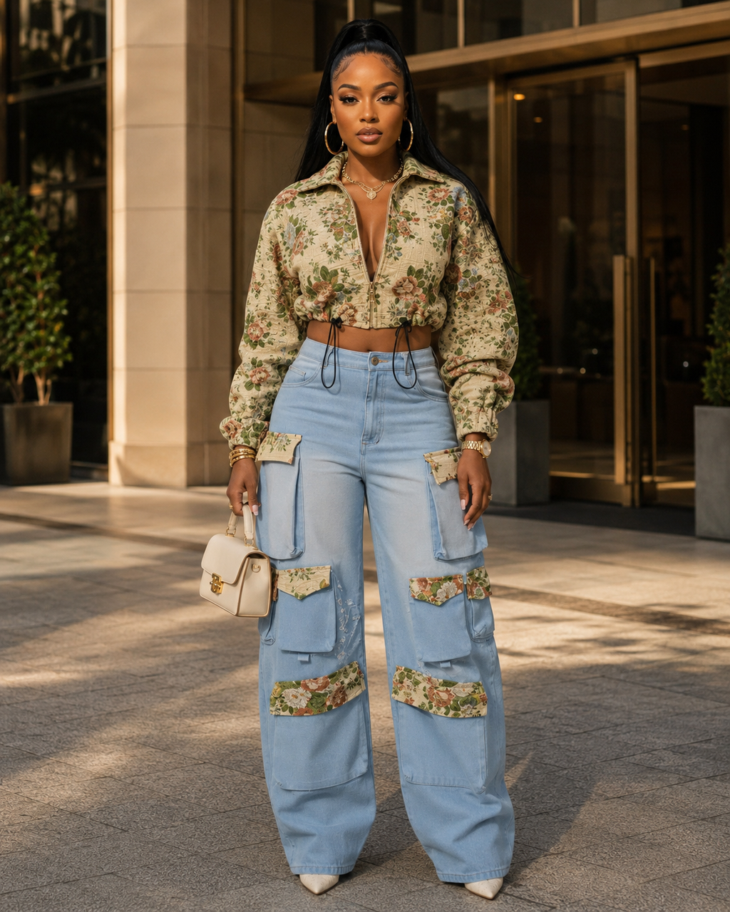Floral Bomber Crop Jacket & Cargo Patchwork Wide-Leg Jean Set Rose In Concrete 🥀