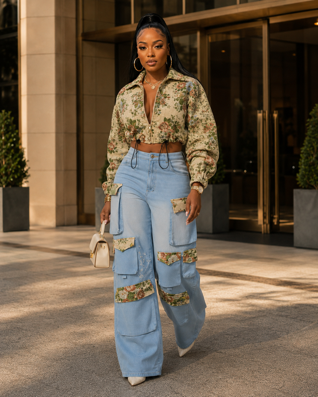Floral Bomber Crop Jacket & Cargo Patchwork Wide-Leg Jean Set Rose In Concrete 🥀