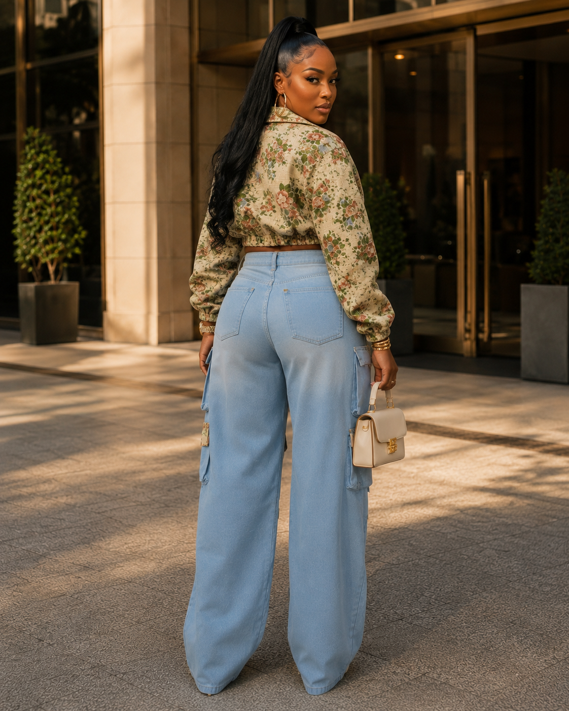 Floral Bomber Crop Jacket & Cargo Patchwork Wide-Leg Jean Set Rose In Concrete 🥀