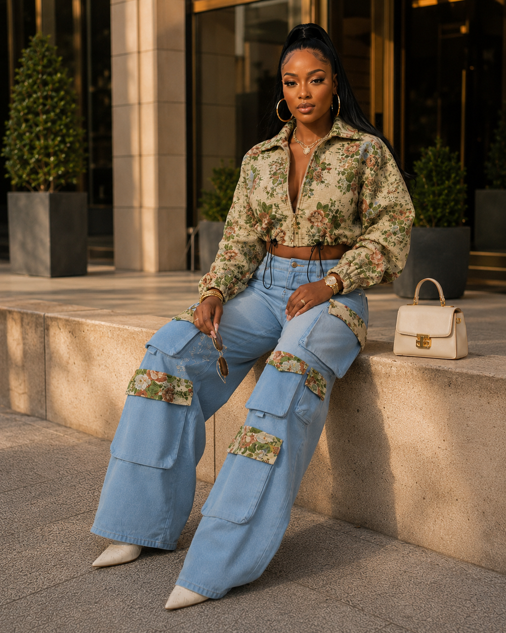 Floral Bomber Crop Jacket & Cargo Patchwork Wide-Leg Jean Set Rose In Concrete 🥀