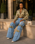 Floral Bomber Crop Jacket & Cargo Patchwork Wide-Leg Jean Set Rose In Concrete 🥀