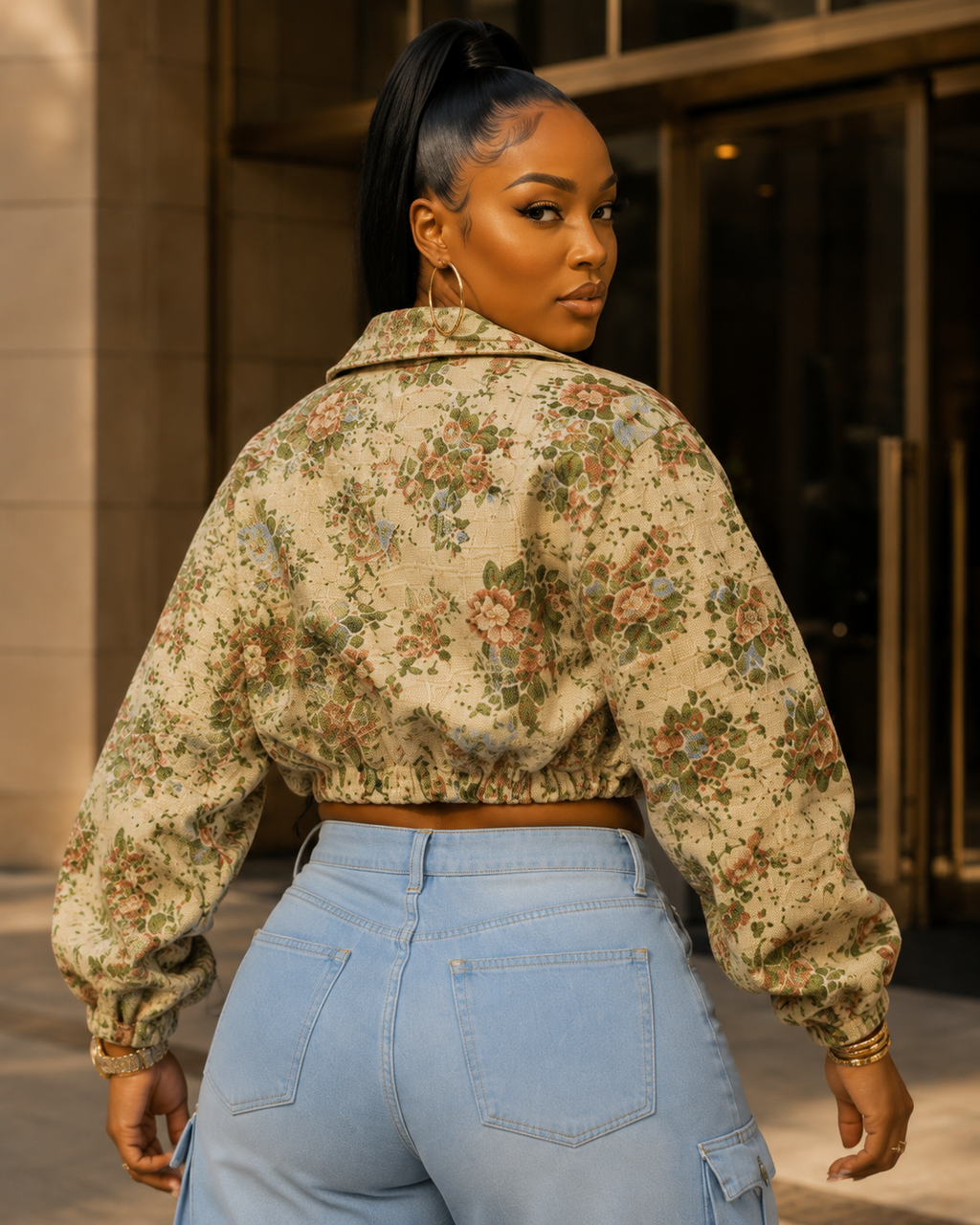 Floral Bomber Crop Jacket & Cargo Patchwork Wide-Leg Jean Set Rose In Concrete 🥀