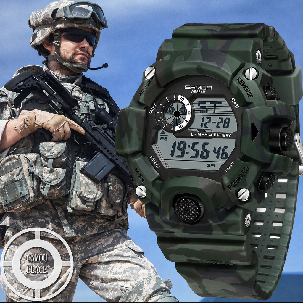 Shock Military Army Mens Watch In Camouflage  Style With LED Digital Back Light With Luminous  Effect Stevvex