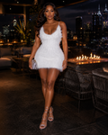 White Feather-Effect Backless Mini Dress Rose In Concrete 🥀