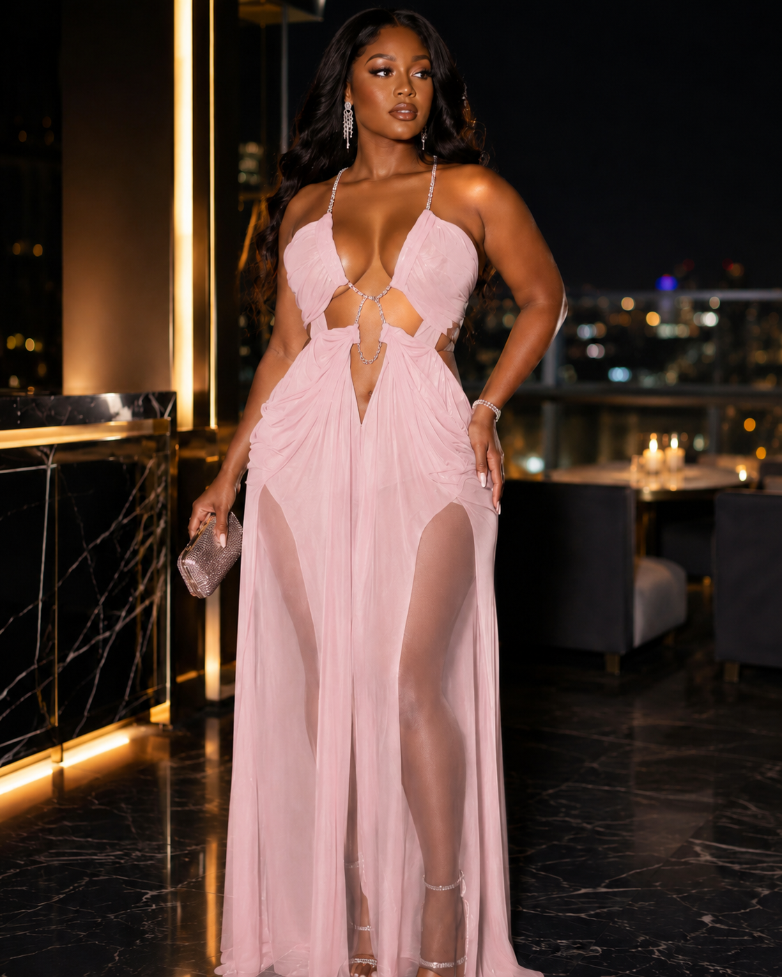 Rhinestone Halter Cutout Mesh Maxi Dress Rose In Concrete 🥀