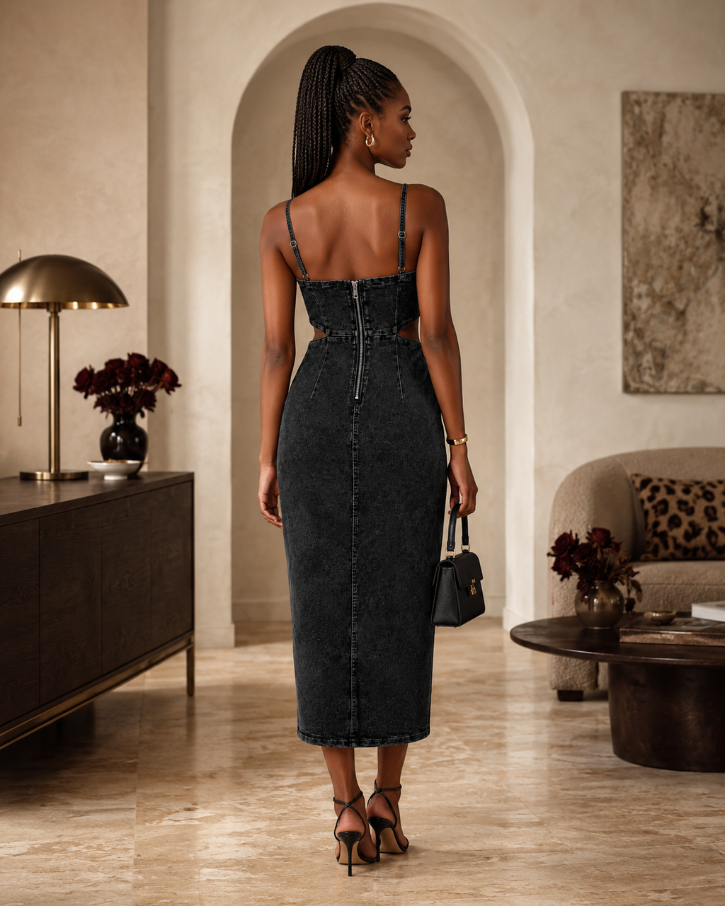 Acid-Wash Denim Cutout Midi Dress with Side Slit Rose In Concrete 🥀