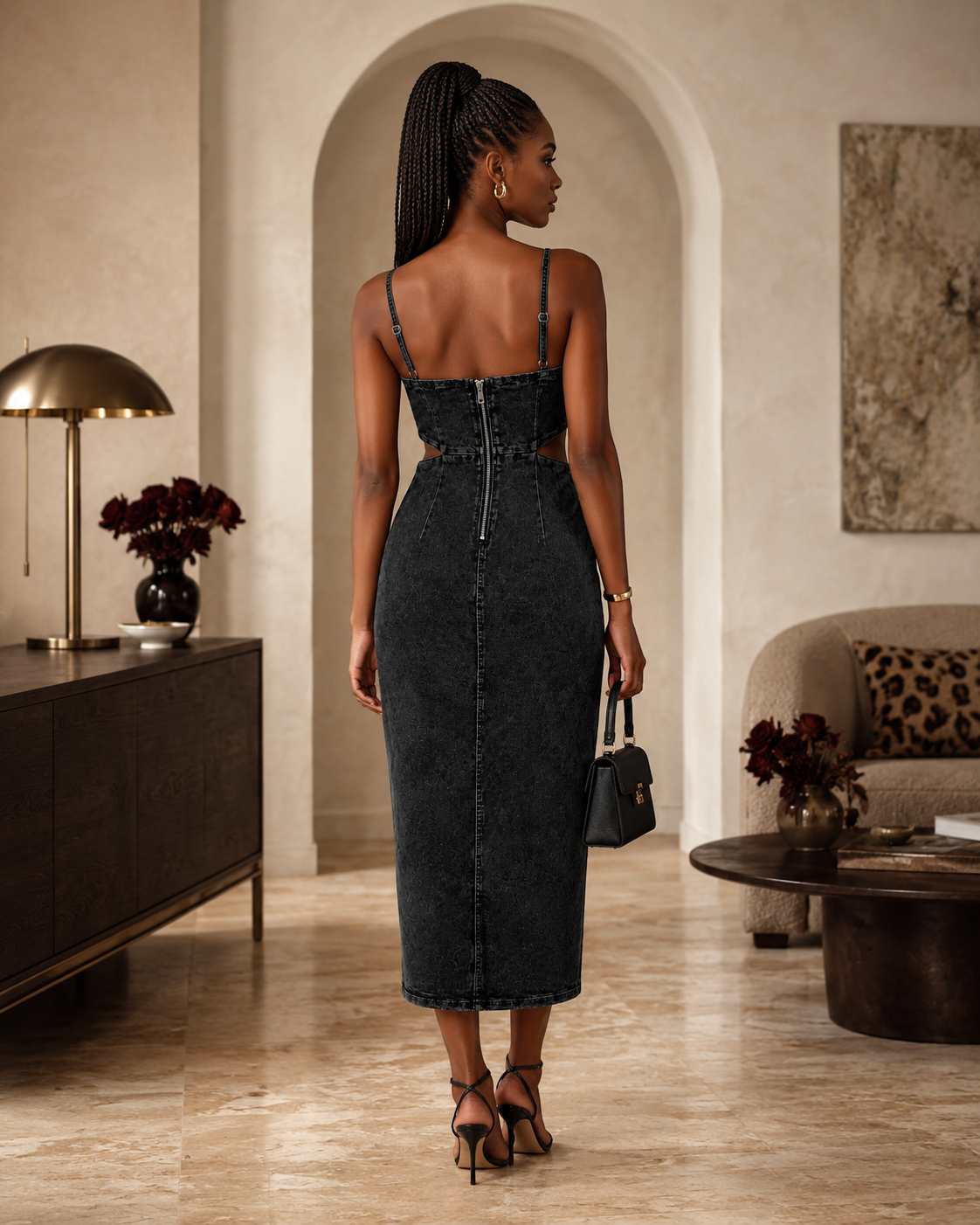 Acid-Wash Denim Cutout Midi Dress with Side Slit Rose In Concrete 🥀