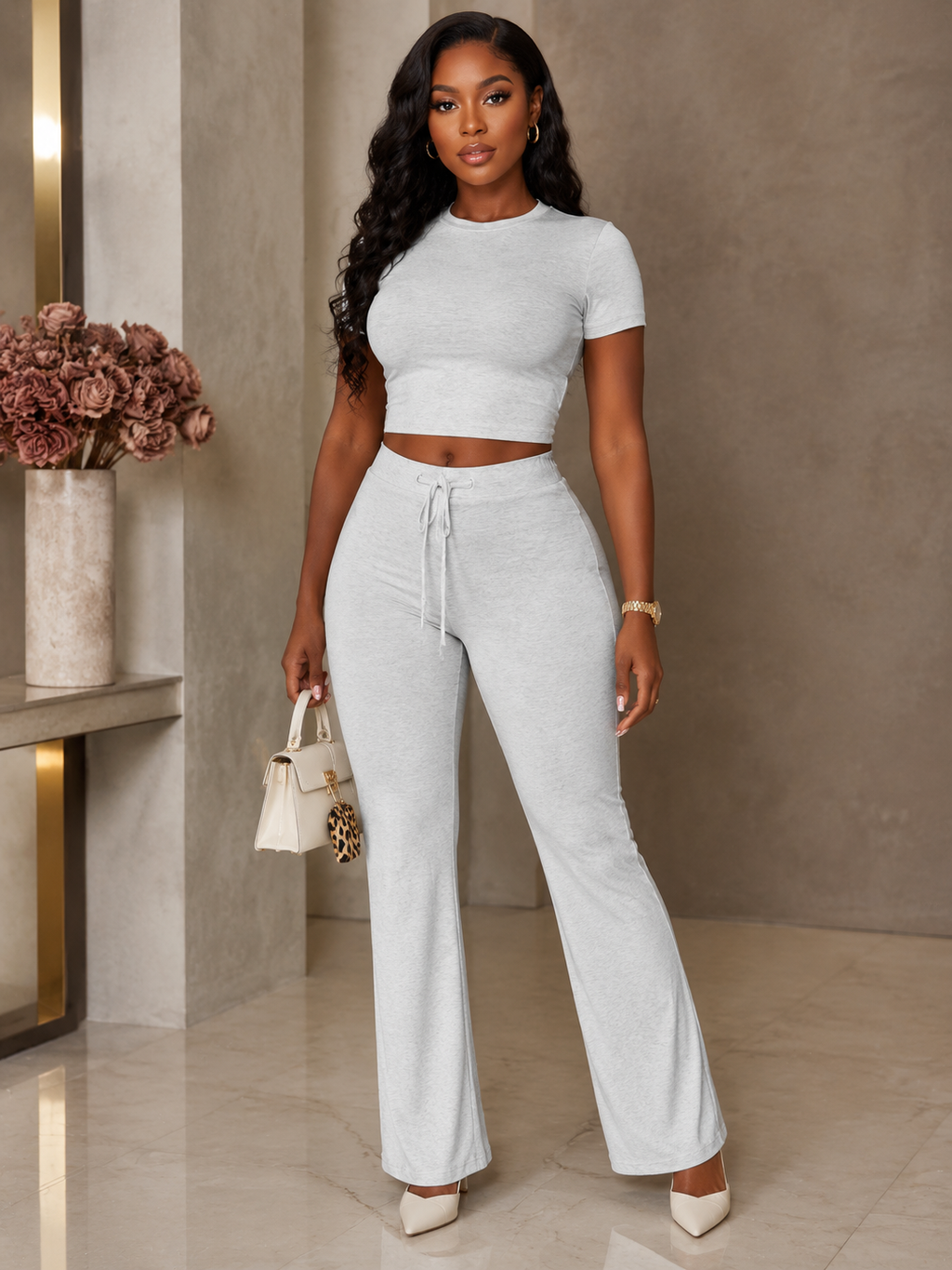 Round Neck Short Sleeve Top and Pants Set Rose In Concrete 🥀