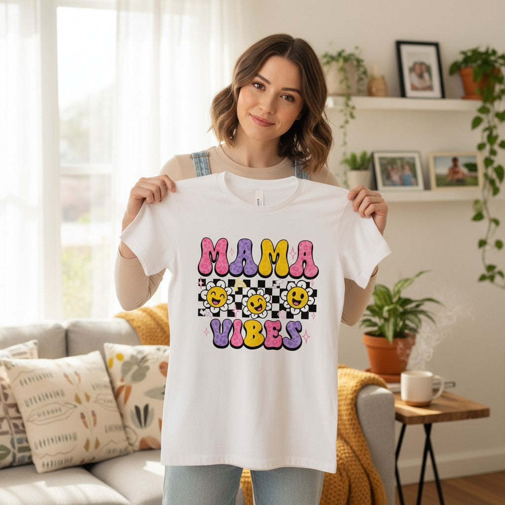 Colorful Smiley Daisies Mama Graphic Tee Soft Ring-Spun Cotton Everyday Style Top