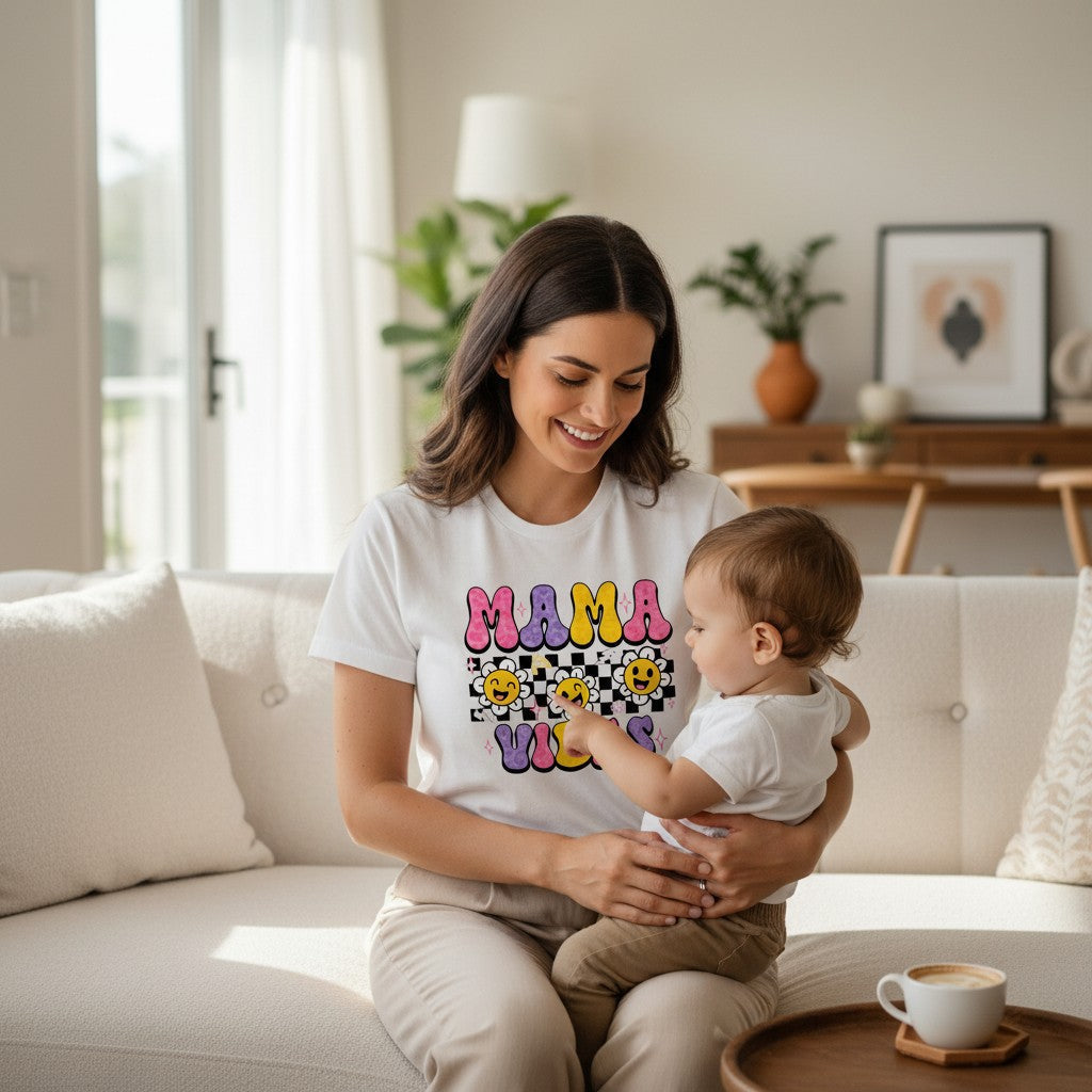 Colorful Smiley Daisies Mama Graphic Tee Soft Ring-Spun Cotton Everyday Style Top