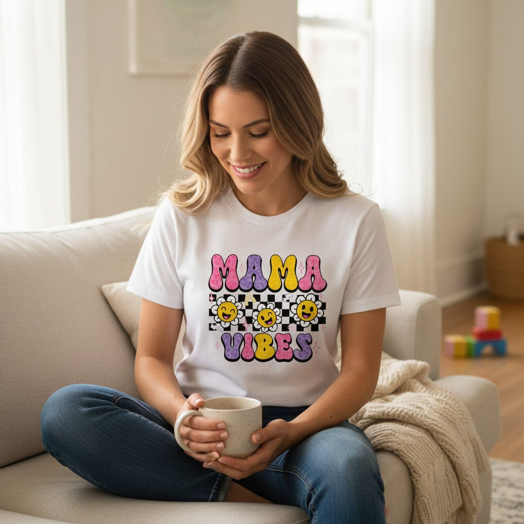 Colorful Smiley Daisies Mama Graphic Tee Soft Ring-Spun Cotton Everyday Style Top